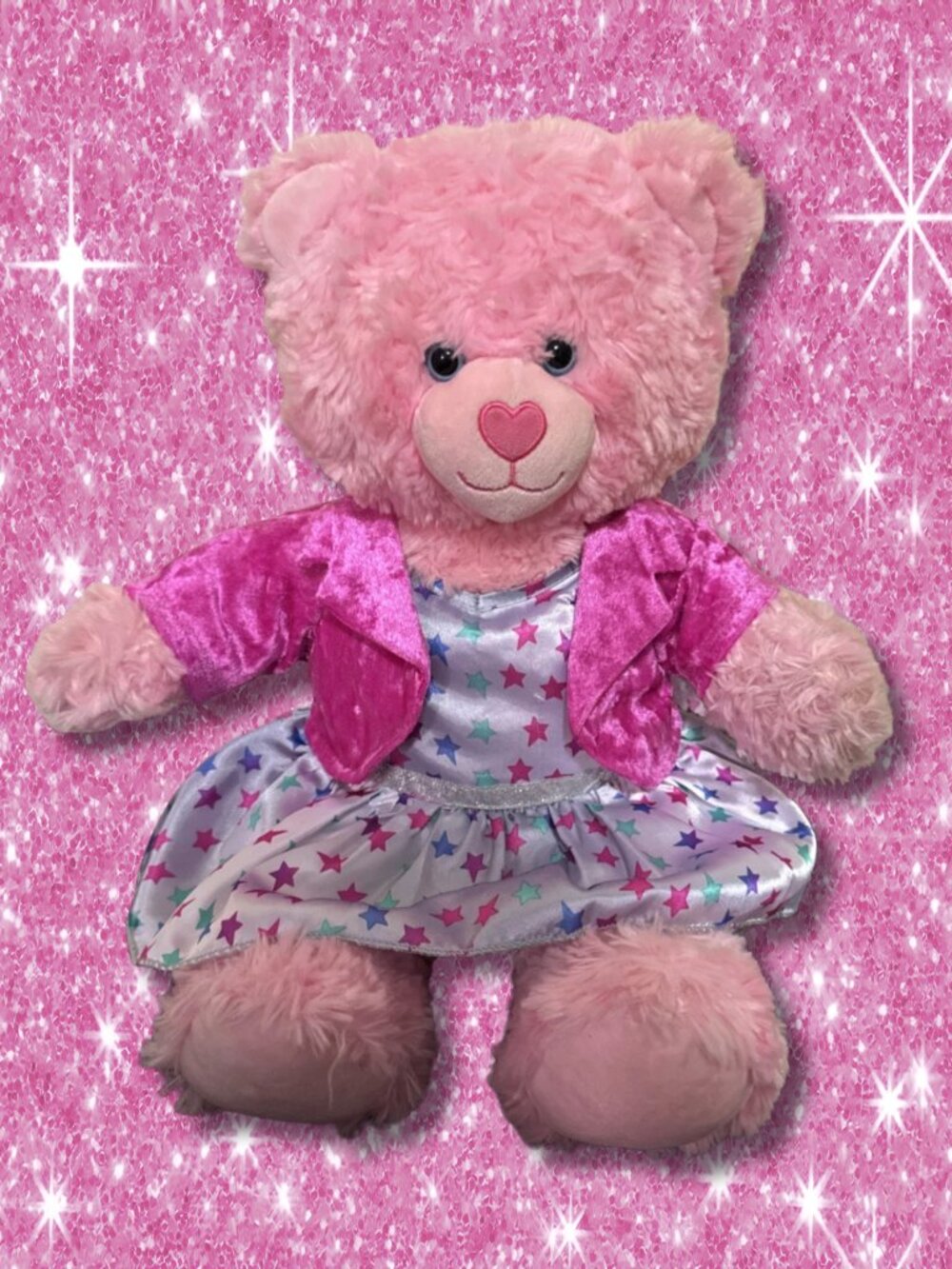Build A Bear Pink Cuddles Teddy 16 Inch Plush Star Dress Jacket EUC